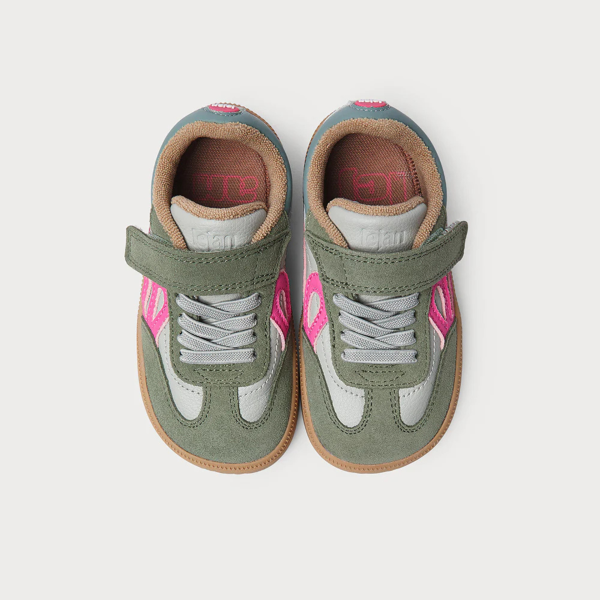 lejan criança barefoot verde e rosa com atacadores e velcro